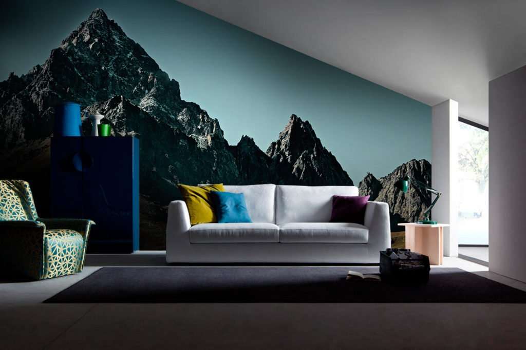 Salotto con cascata con trompe l'oeil Monviso